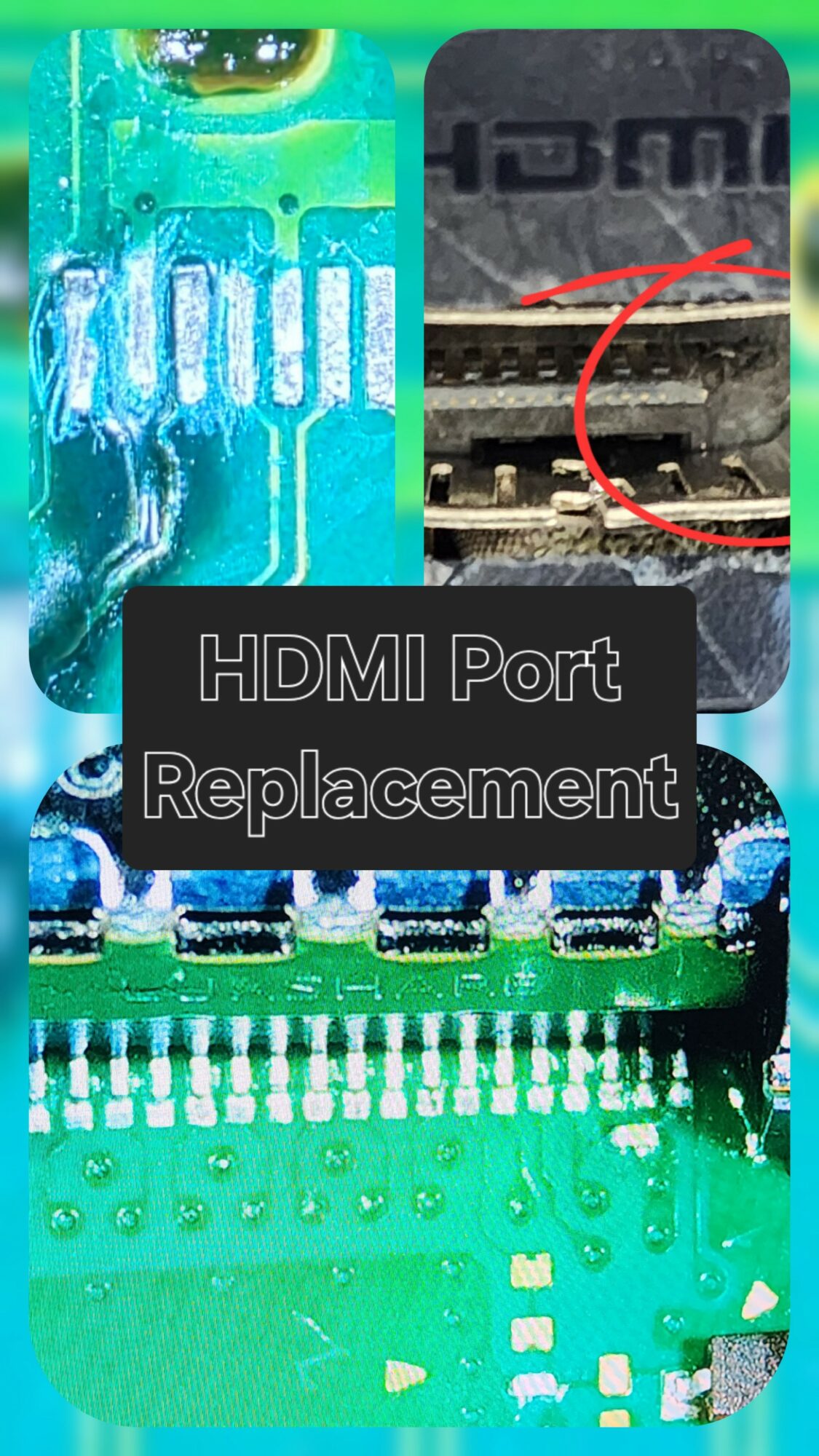 Close-up of a circuit board with a black label reading HDMI Port Replacement, showing electronic components and wiring.