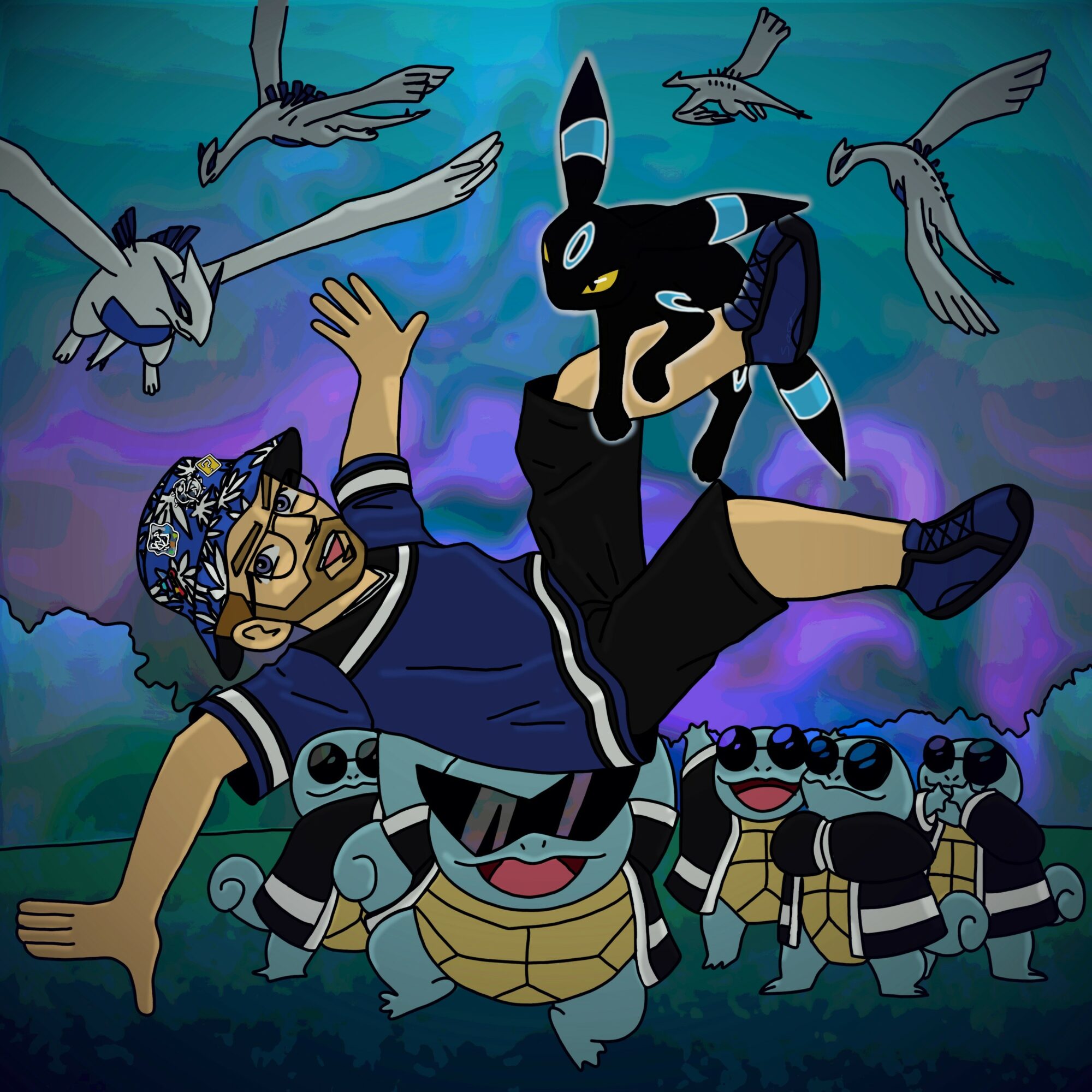 A person falling with Pokémon characters and flying birds in a colorful background.