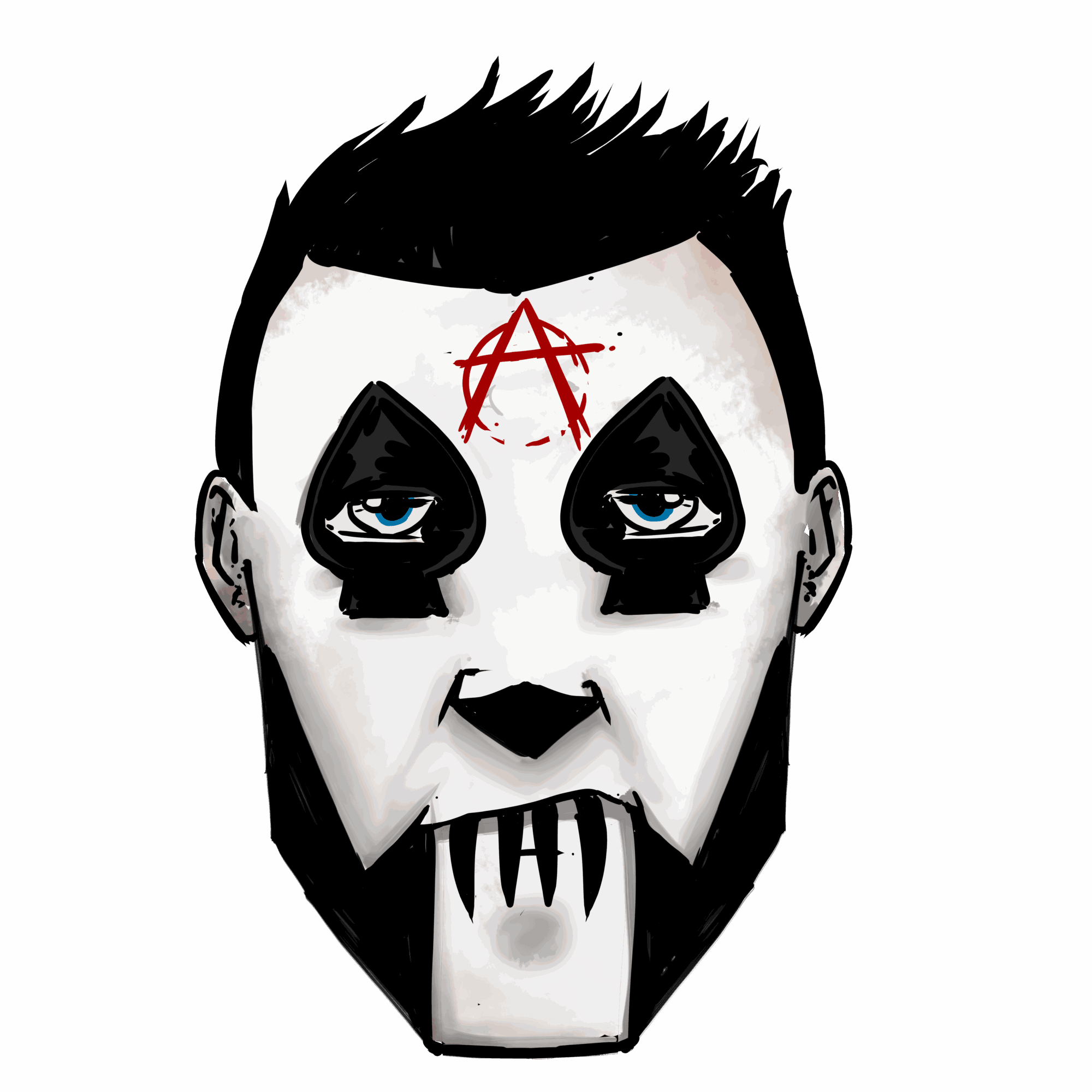 A face with black makeup around eyes, blue eyes, a red anarchy symbol on forehead, and black lips with fangs.