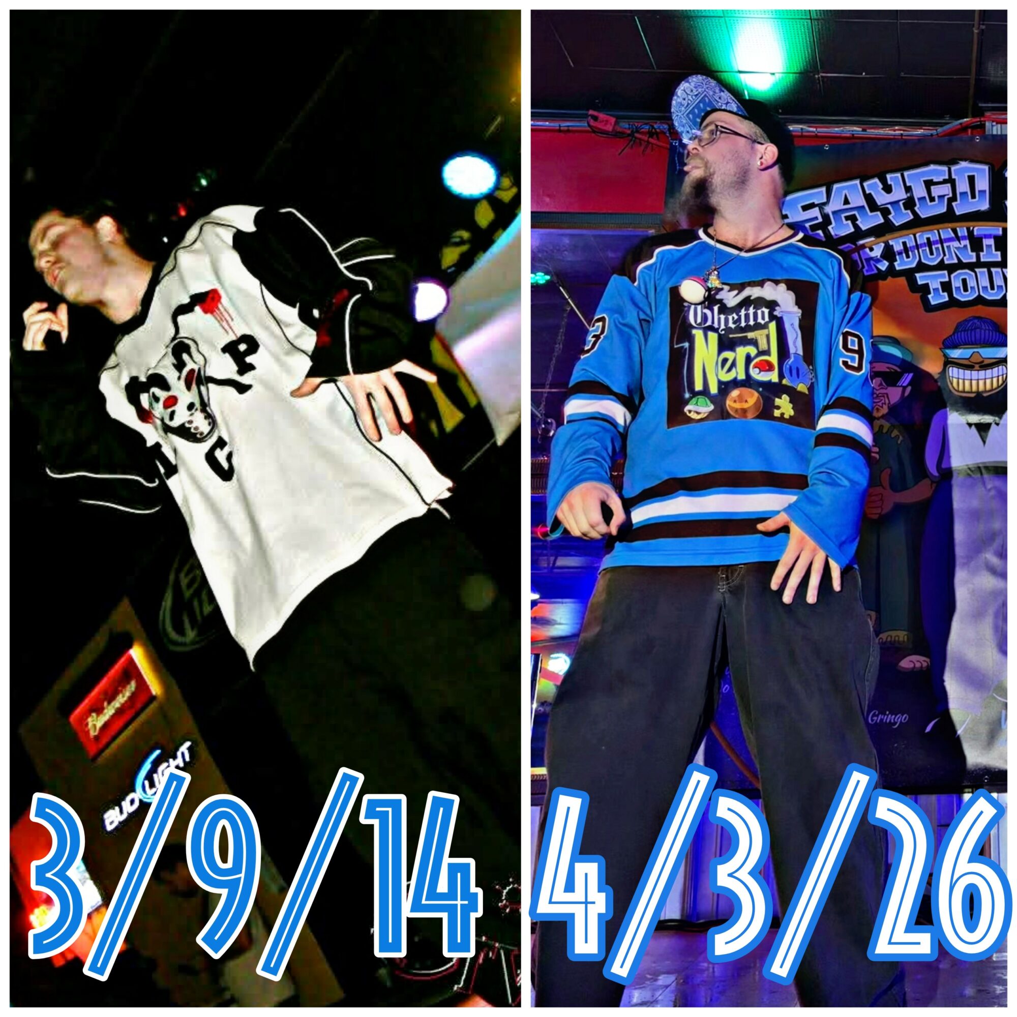 Two people on stage, one in a white jersey and the other in a blue hoodie, with colorful lights and signs in background.