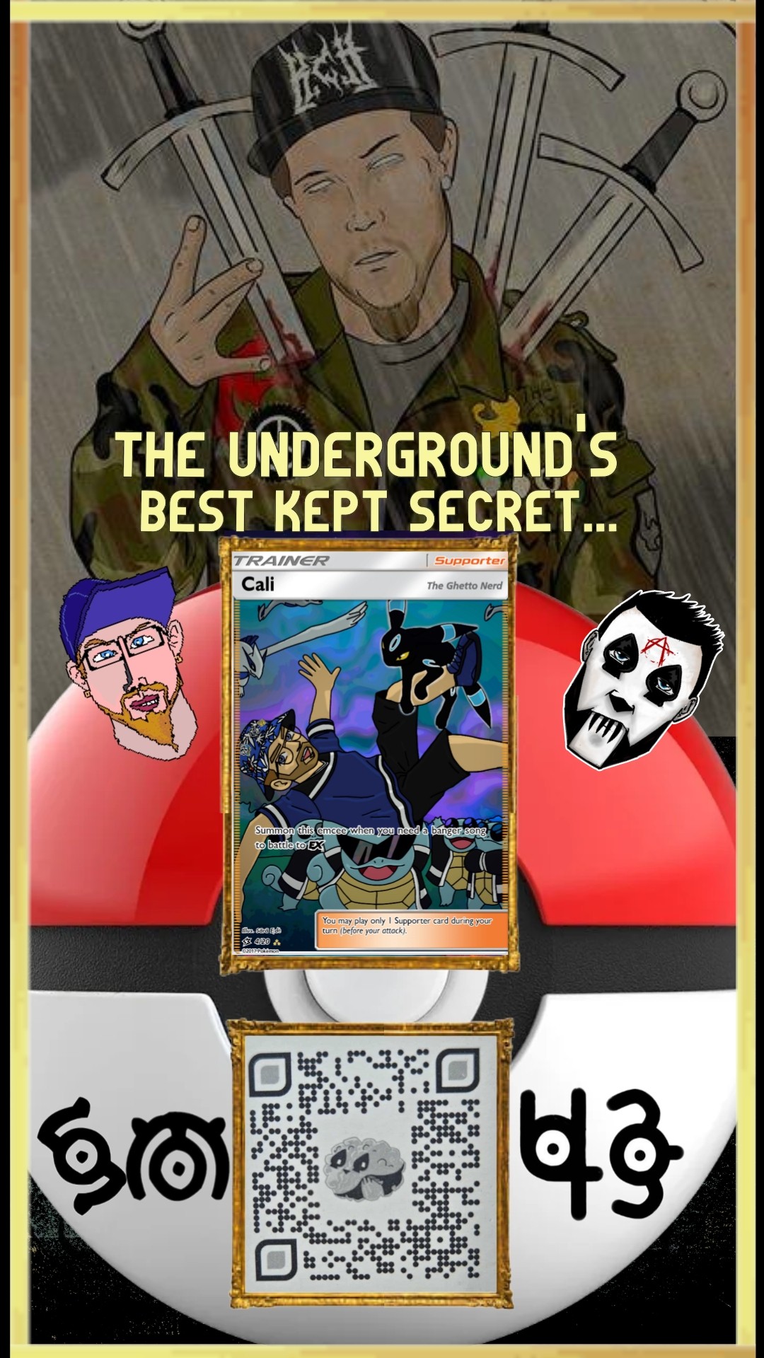 A person with multiple swords behind their head, a cartoon character, a skull, and a QR code on a circular background.