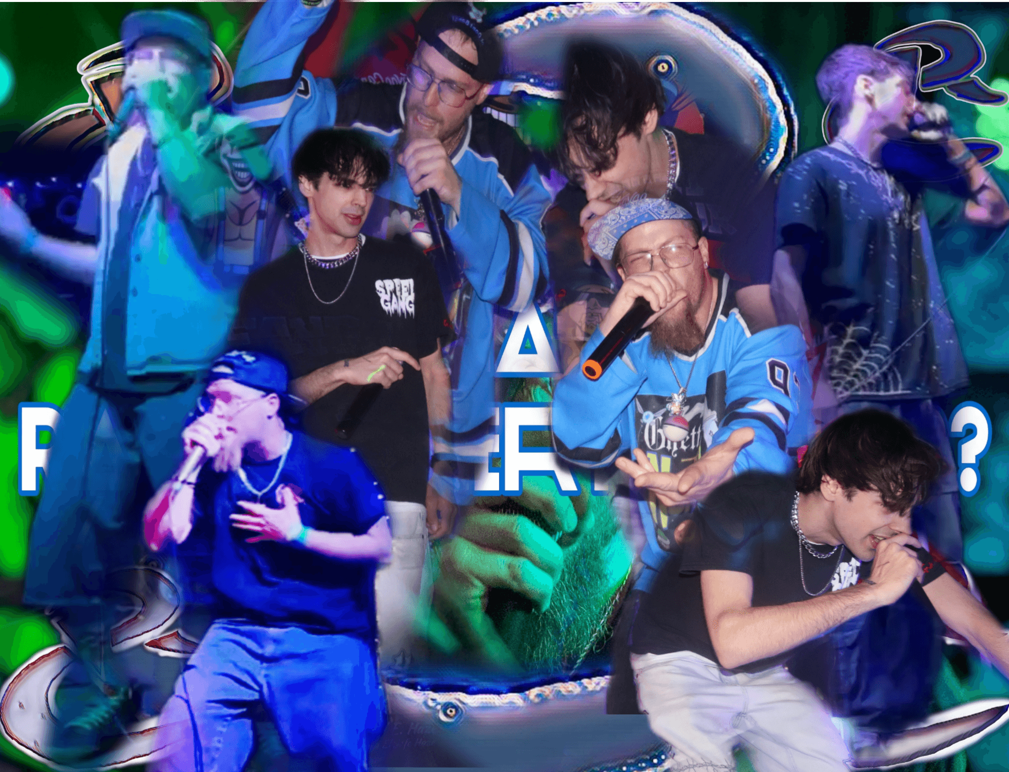 Group of young people singing and performing on stage with colorful background and lighting.