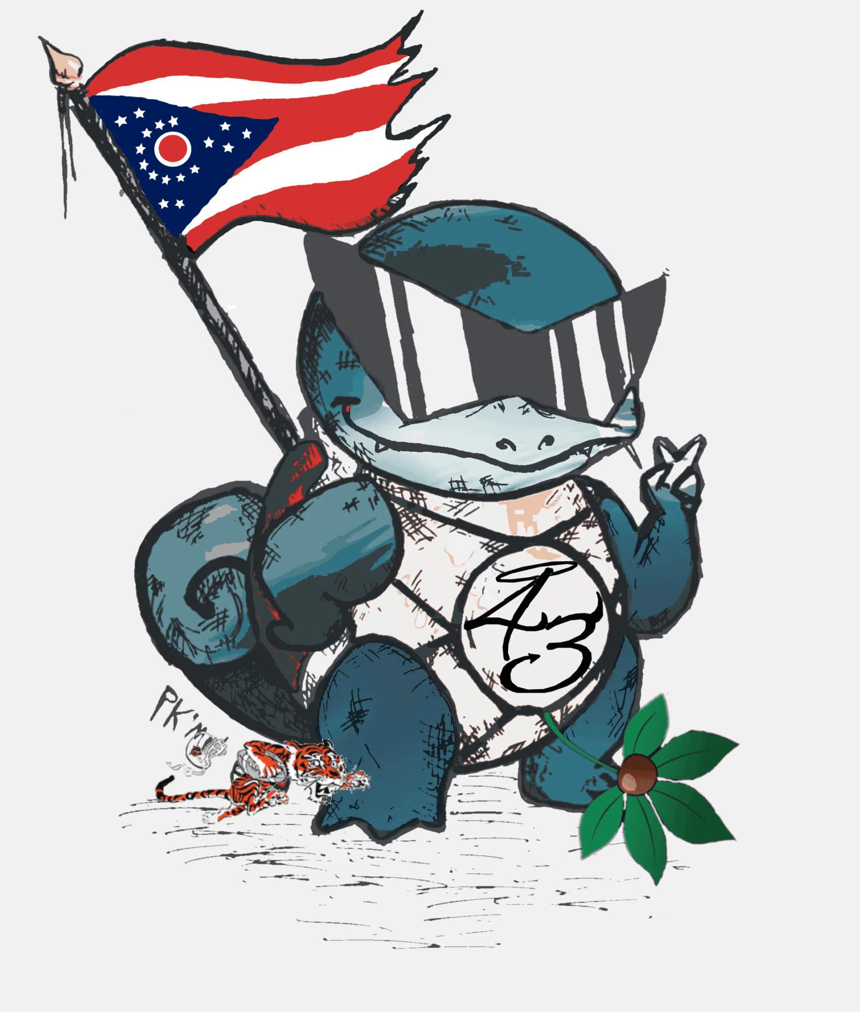 Cartoon turtle wearing sunglasses, holding Ohio flag, making peace sign, with a small turtle and green leaf nearby.