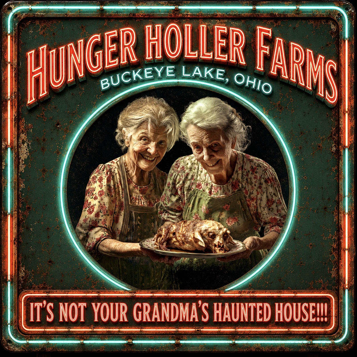Two elderly women in floral dresses smiling and holding a roasted turkey, framed by a neon sign for Hunger Holler Farms in Ohio.