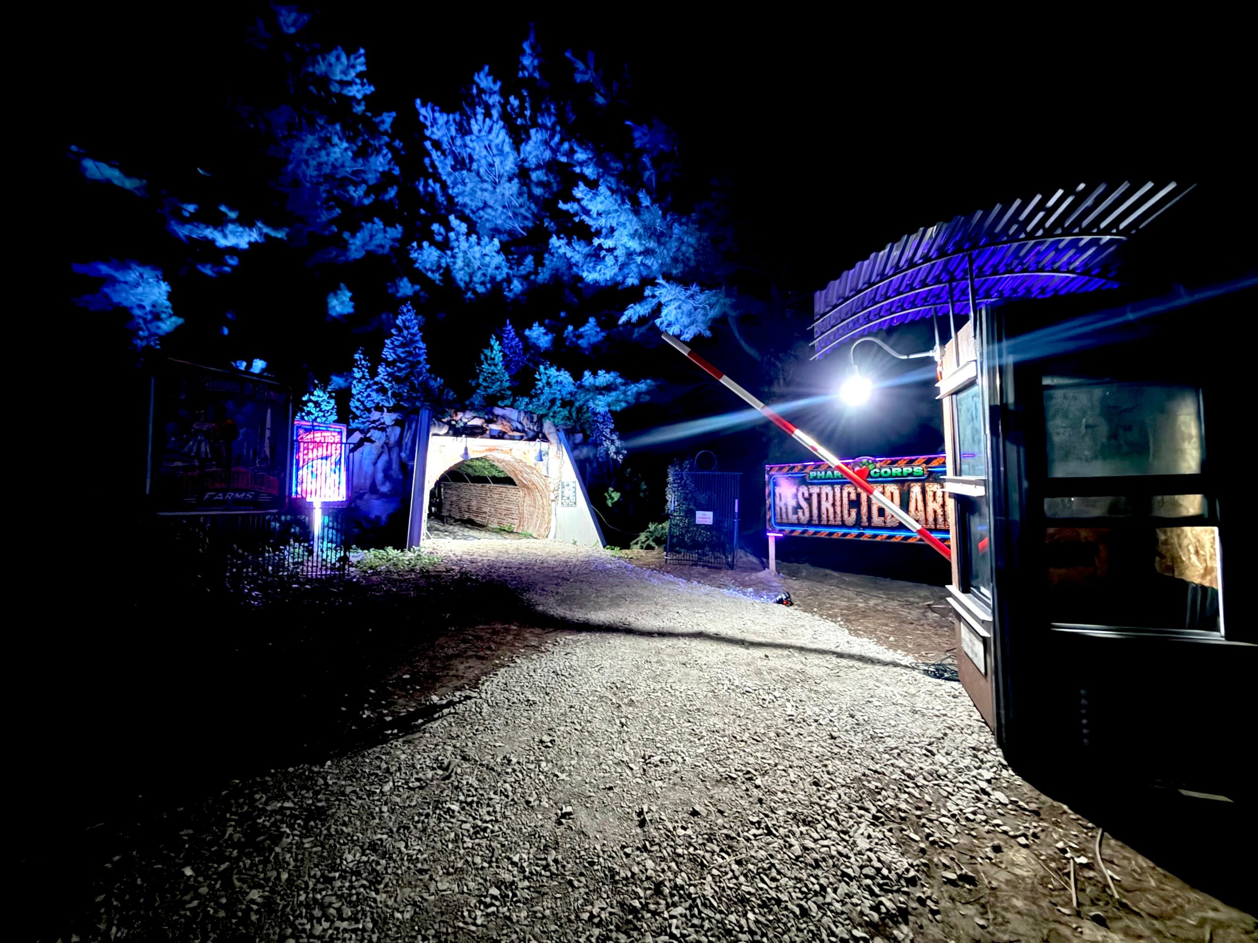 Night scene with trees illuminated in blue, a gravel path, and a barrier with a bright light and a sign reading 'RESTRICTED AREA'.