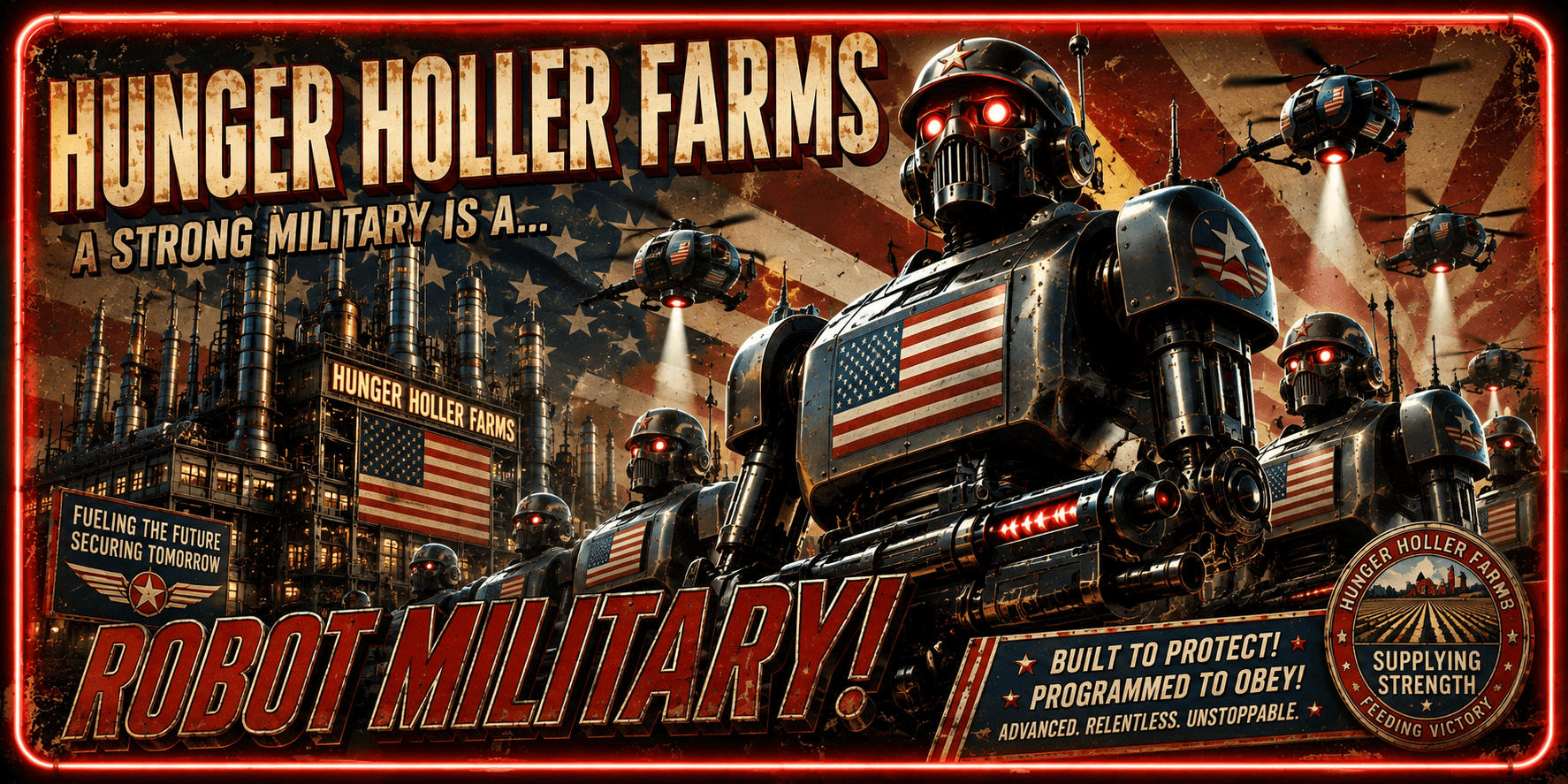 Robotic soldiers in a city with a banner reading 'Hunger Holler Farms' and 'Robot Military!' in bold red letters.