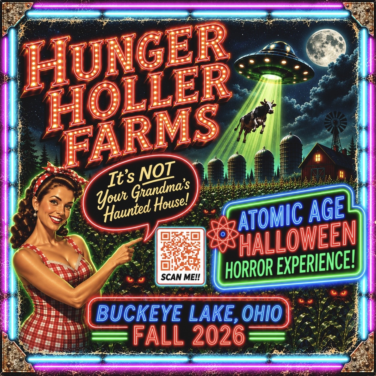 Colorful neon sign promoting Hunger Holler Farms Halloween event at Buckeye Lake, Ohio, fall 2026, with a woman pointing at the sign.