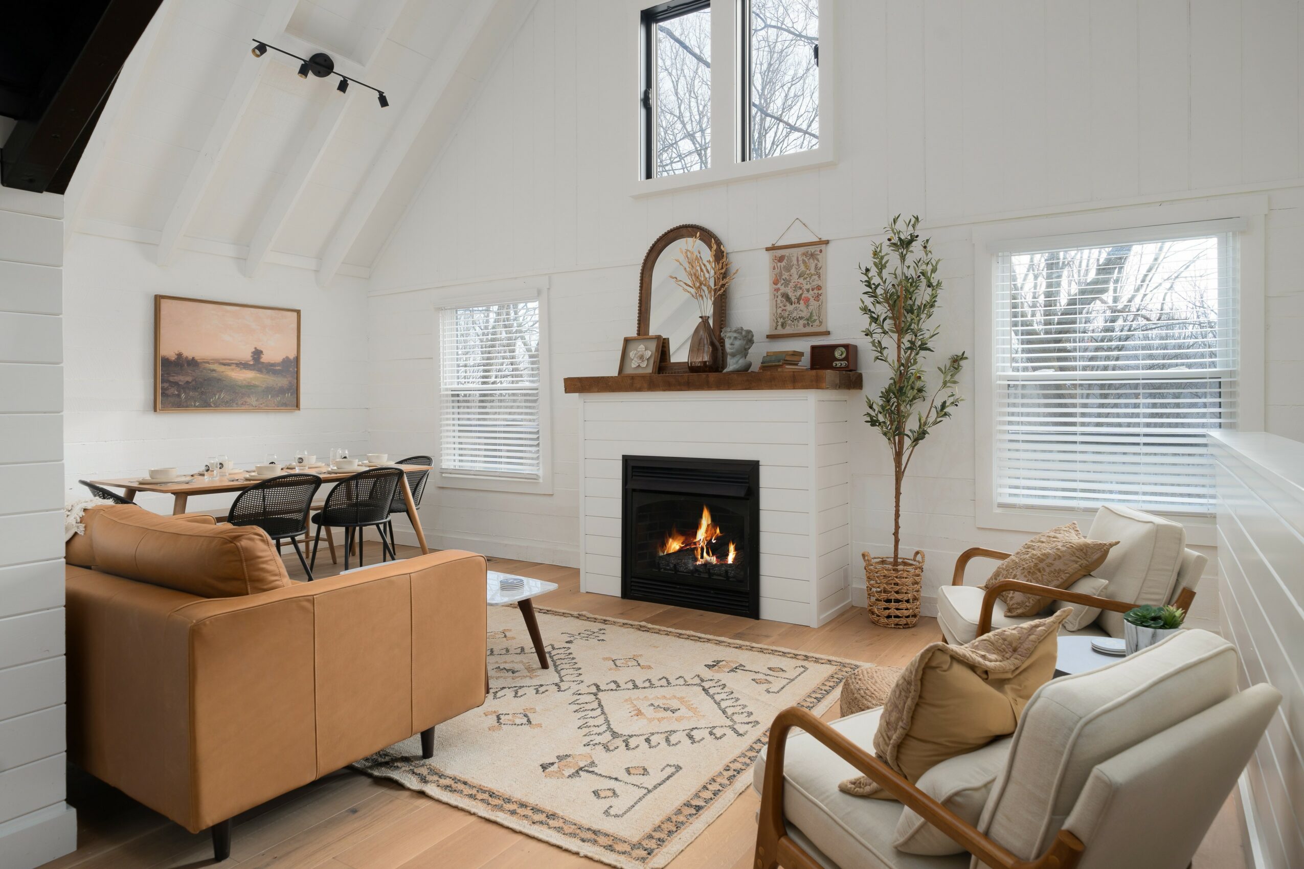 Living room with white walls, a fireplace, a tan sofa, and a white armchair, decorated with plants, artwork, and a rug.