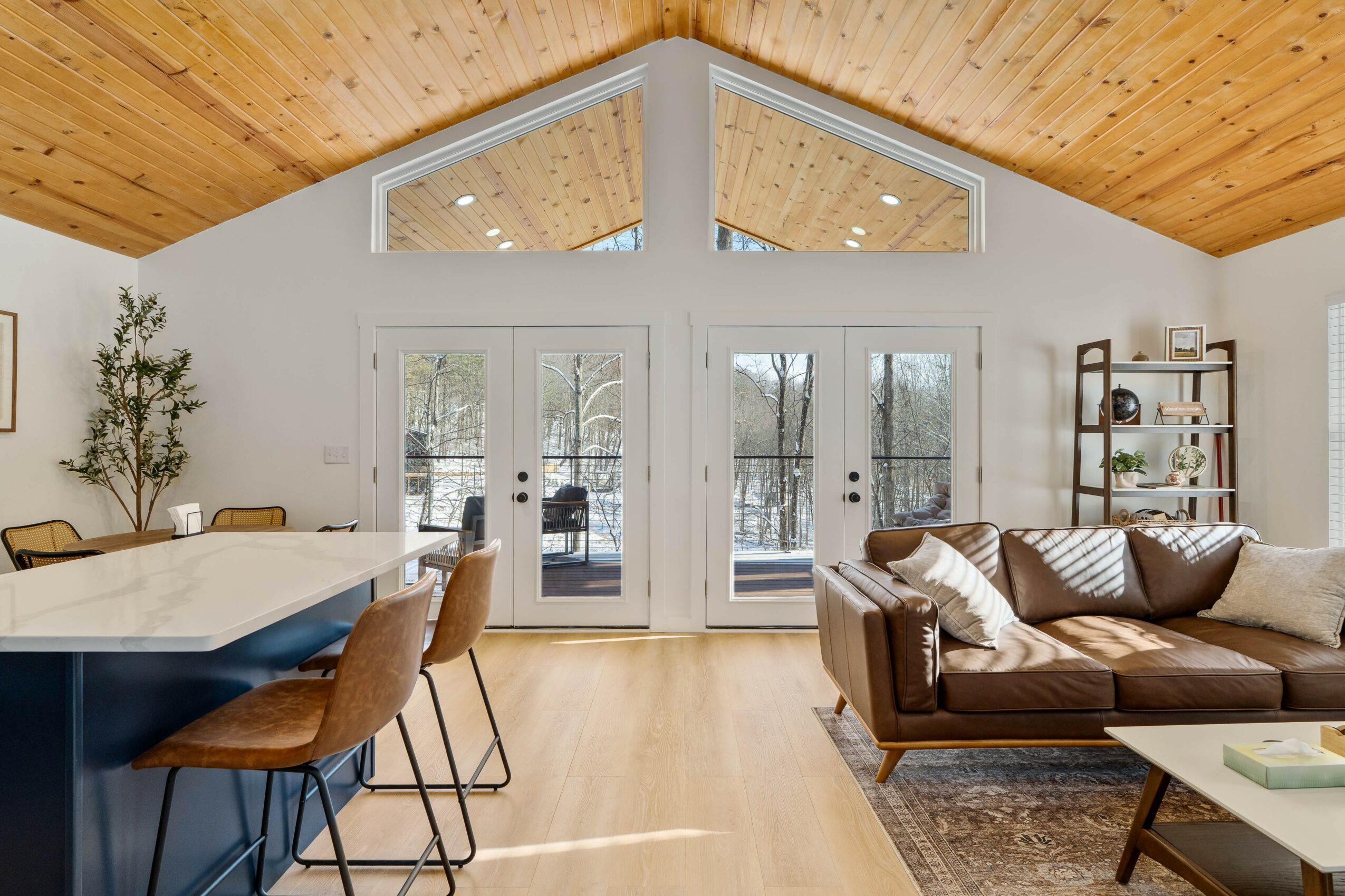 Living room with large glass doors, wooden ceiling, brown sofa, and dining area with chairs, natural light, and indoor plants.