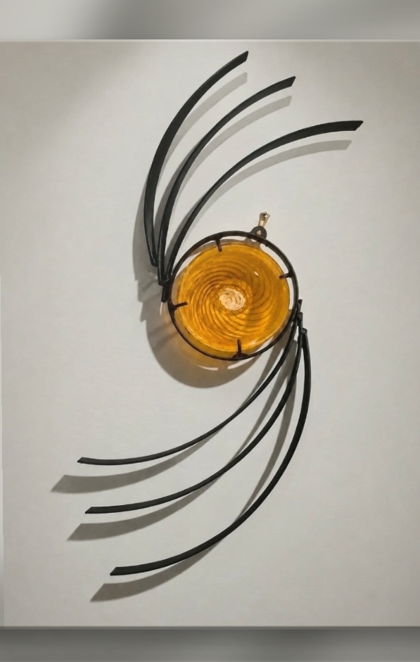 Object with a central orange circular element and black curved lines extending outward, resembling a stylized spider or abstract design.