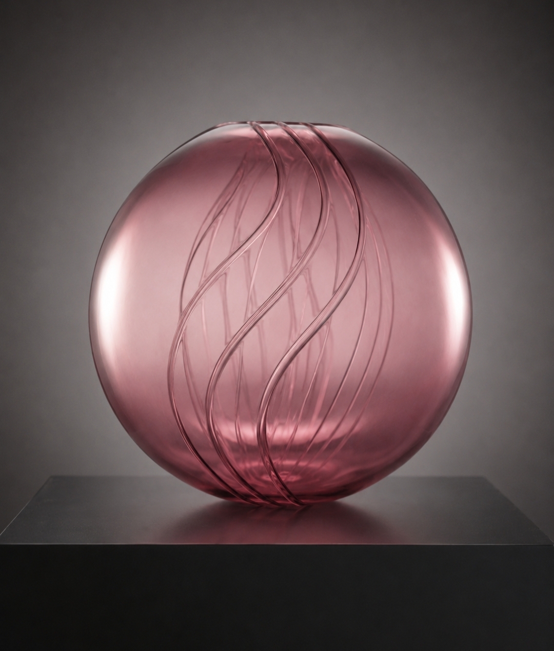 Pink glass sphere with wavy lines, placed on a dark surface against a gray background.