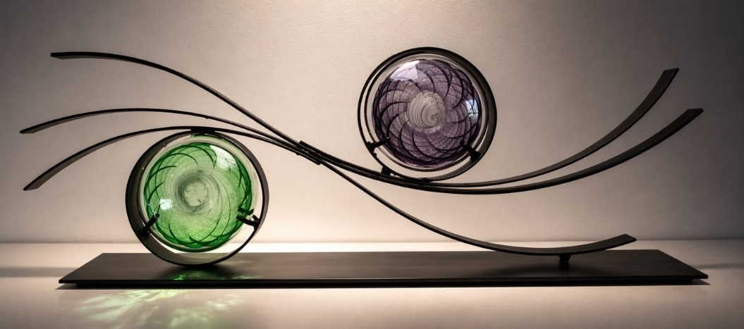 Glass sculptures with curved metal rods on a black base, one green and one purple, against a plain background.