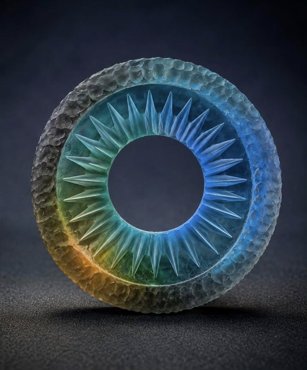 Colorful circular sculpture with spiked inner ring and textured outer ring, illuminated against a dark background.