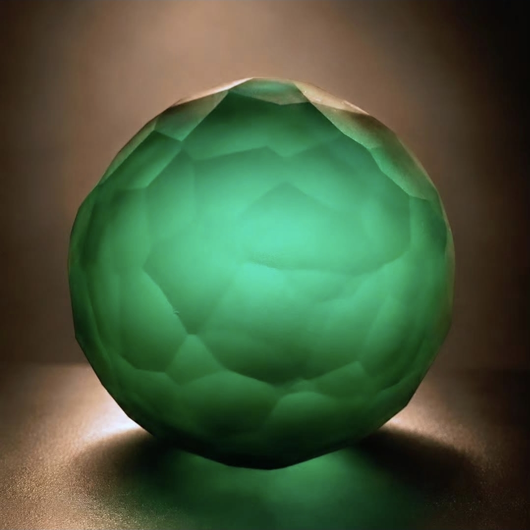 A glowing green spherical object with a faceted surface, illuminated from within, casting a shadow on a surface below.