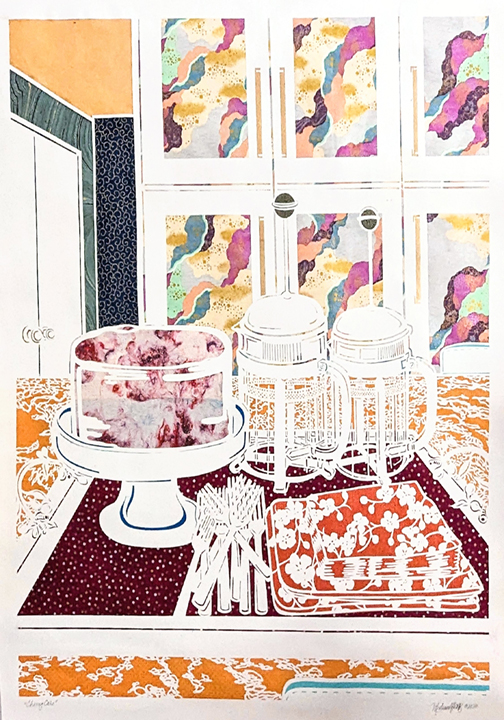Table with candles, jars, and a tray, with colorful artwork on the wall behind, in a room setting.