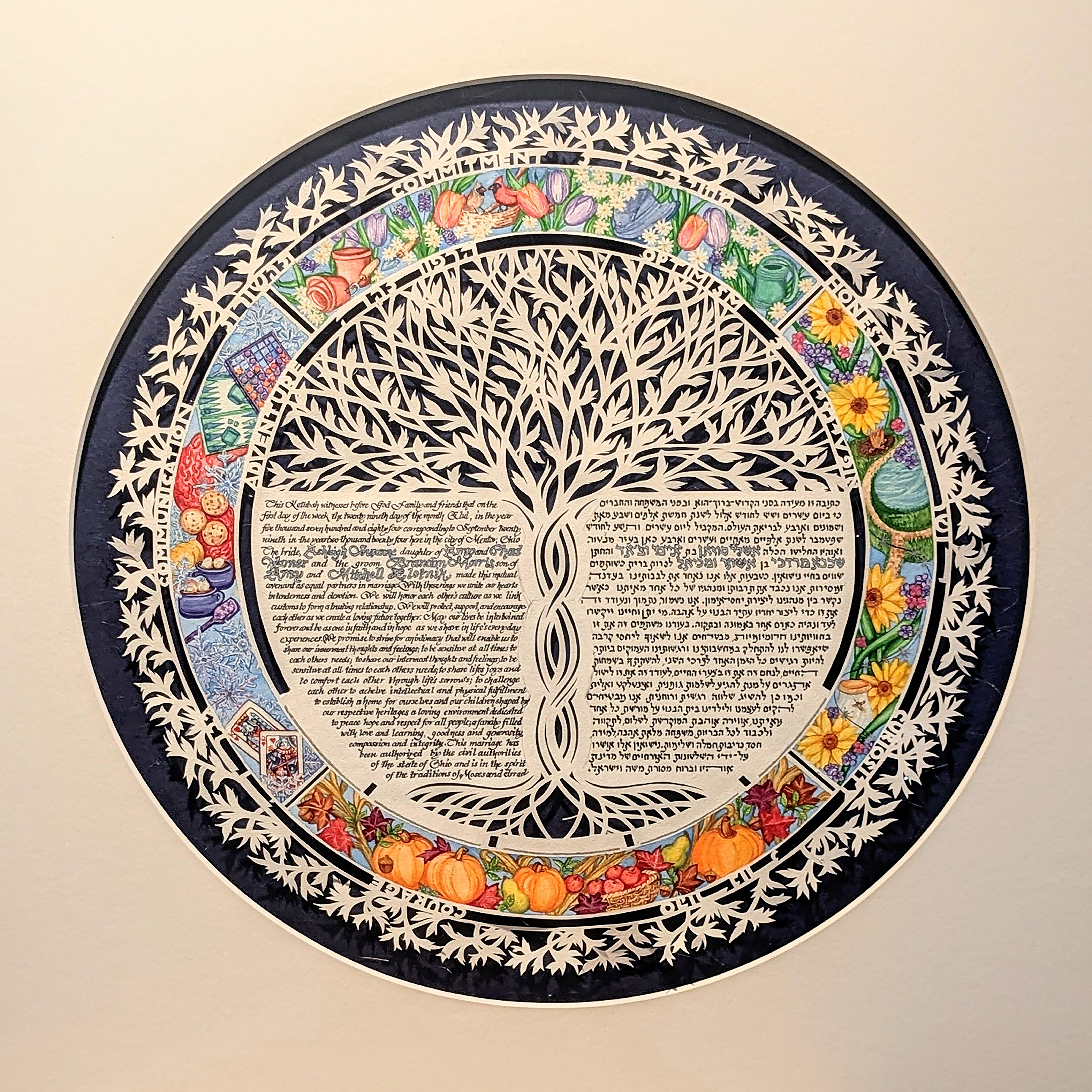 Decorative circular artwork featuring a tree with intricate branches, surrounded by colorful fruits and flowers, and text inside the tree trunk.