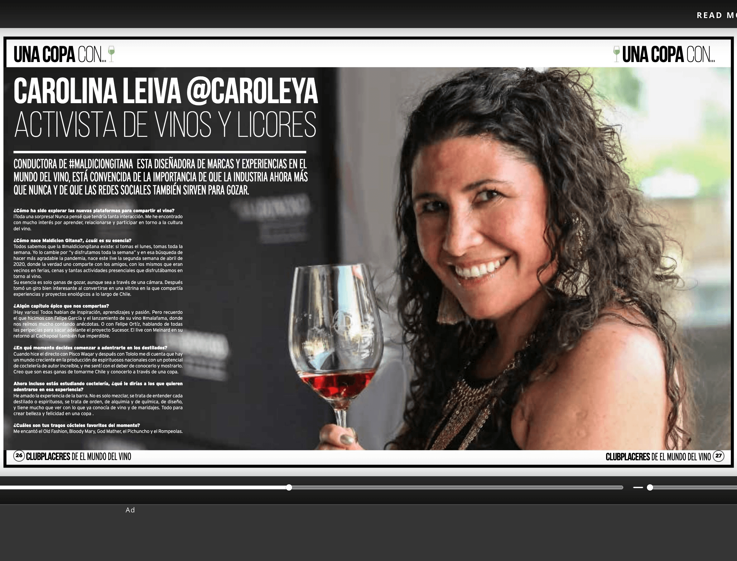 Woman with curly hair smiling and holding a glass of red wine, background includes text and a black panel.