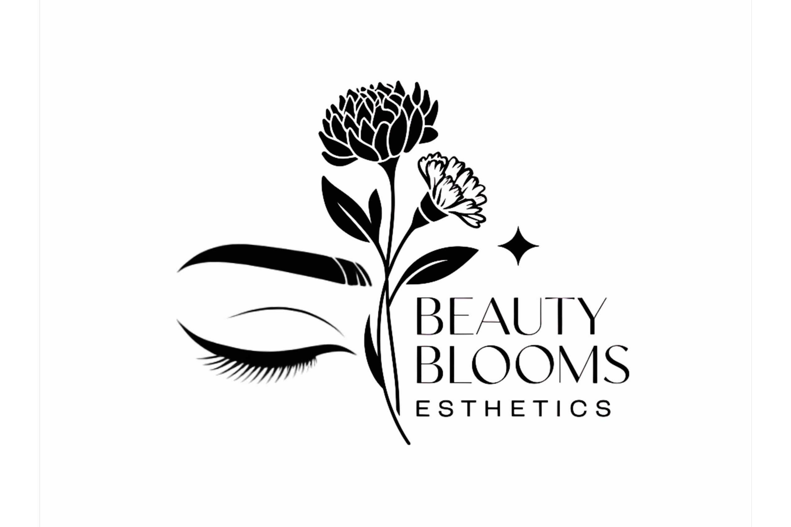 Logo with a stylized face, flowers, and text reading 'Beauty Blooms Esthetics'.