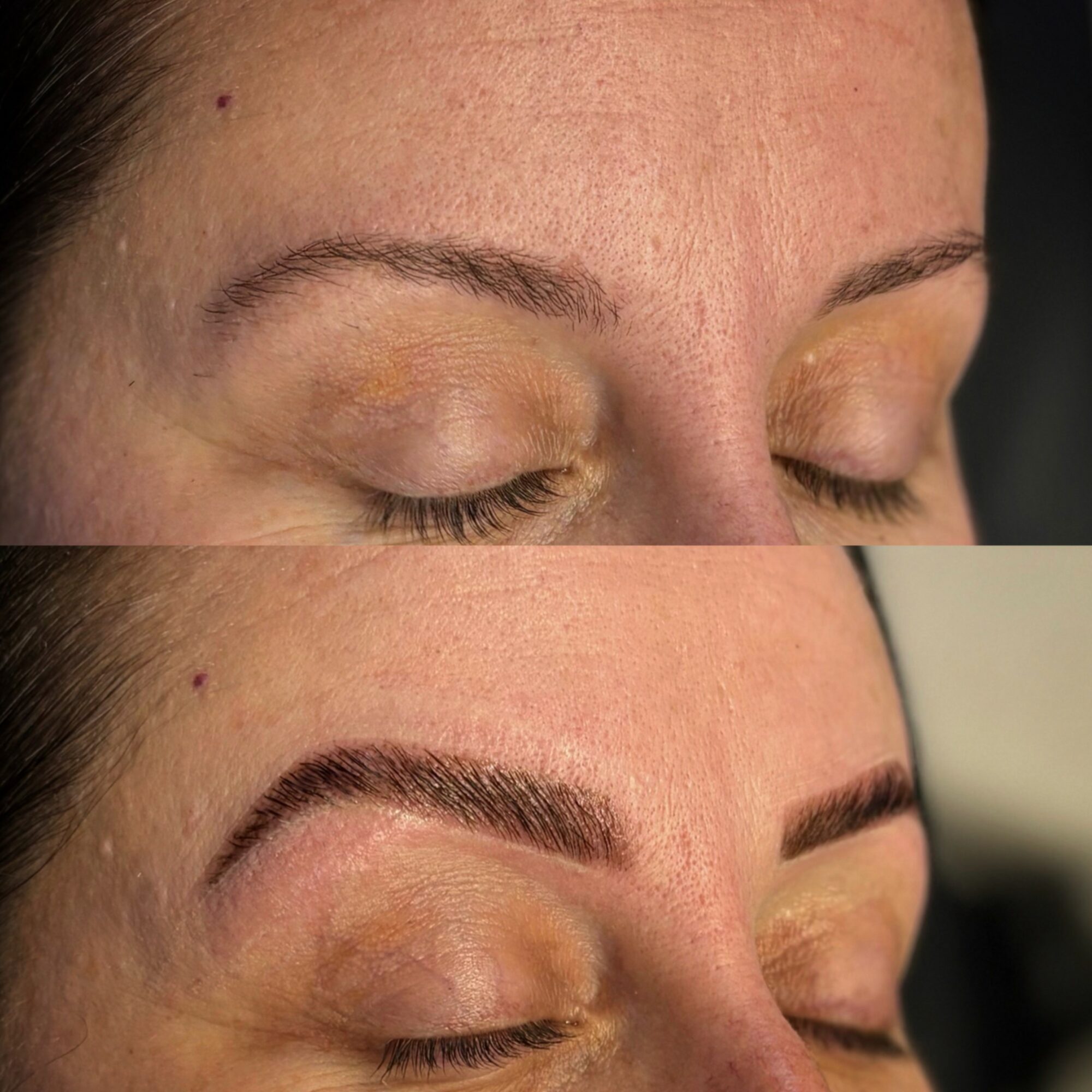 Close-up of a person's face showing before and after eyebrow enhancement, with closed eyes and natural skin texture.
