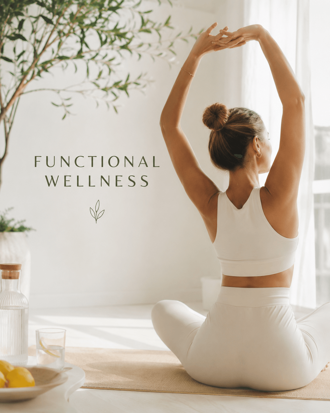 Woman practicing yoga indoors, sitting cross-legged with arms raised above head, in a bright room with a plant and sunlight.