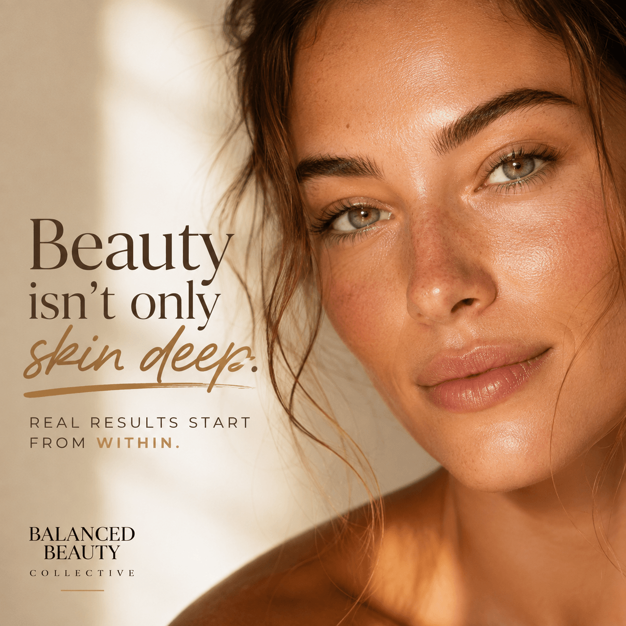 Close-up of a woman with clear skin and light makeup, smiling softly, with text about beauty and skin deep.