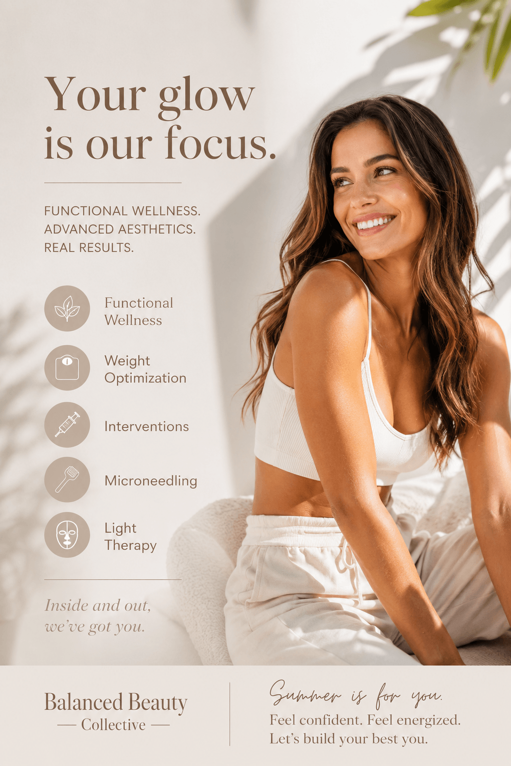 Smiling woman with long hair in white top, text about glow and wellness, and list of services, on light background.