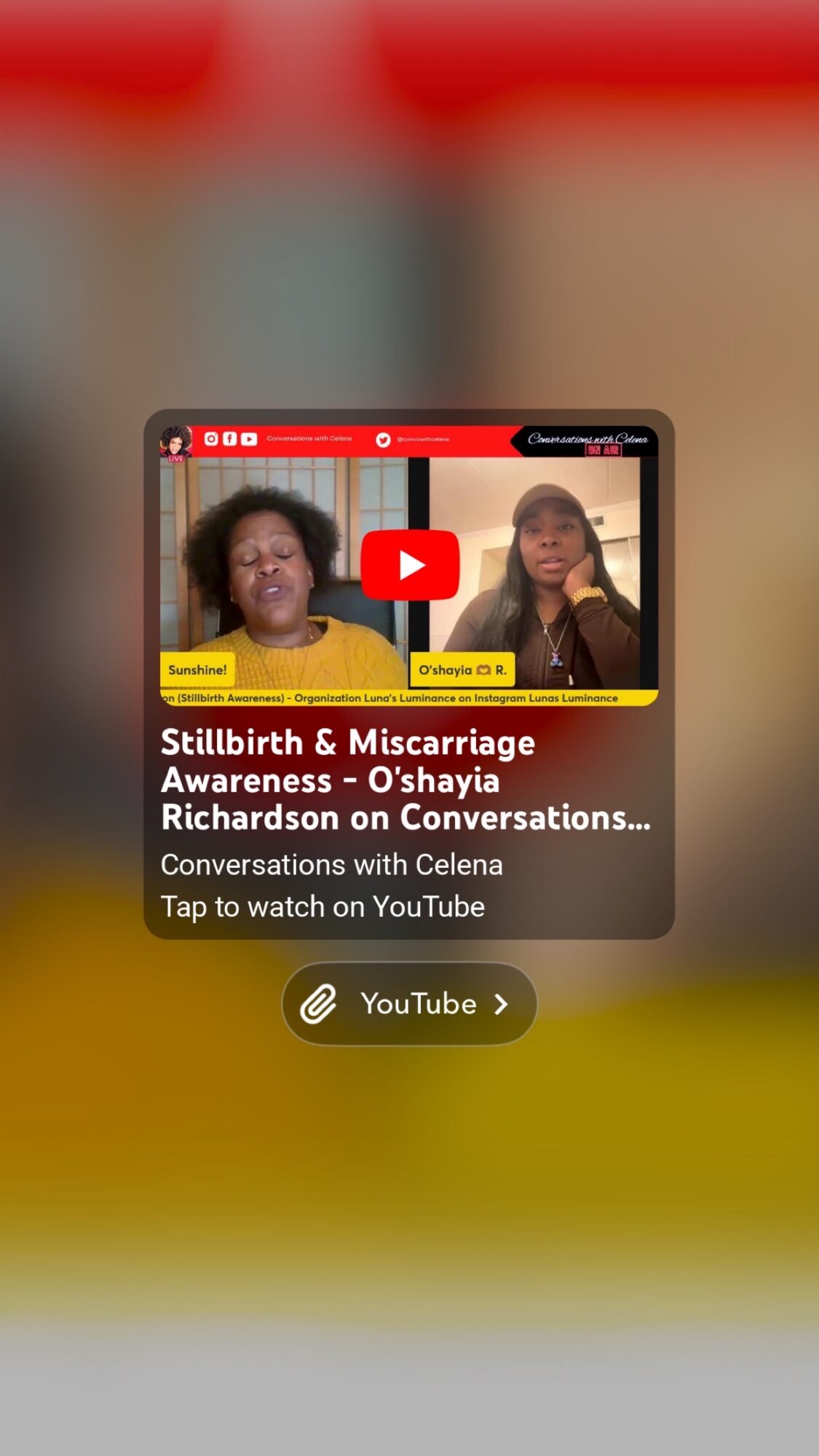 Two women speaking in a video call, with a YouTube link below, on a smartphone screen.