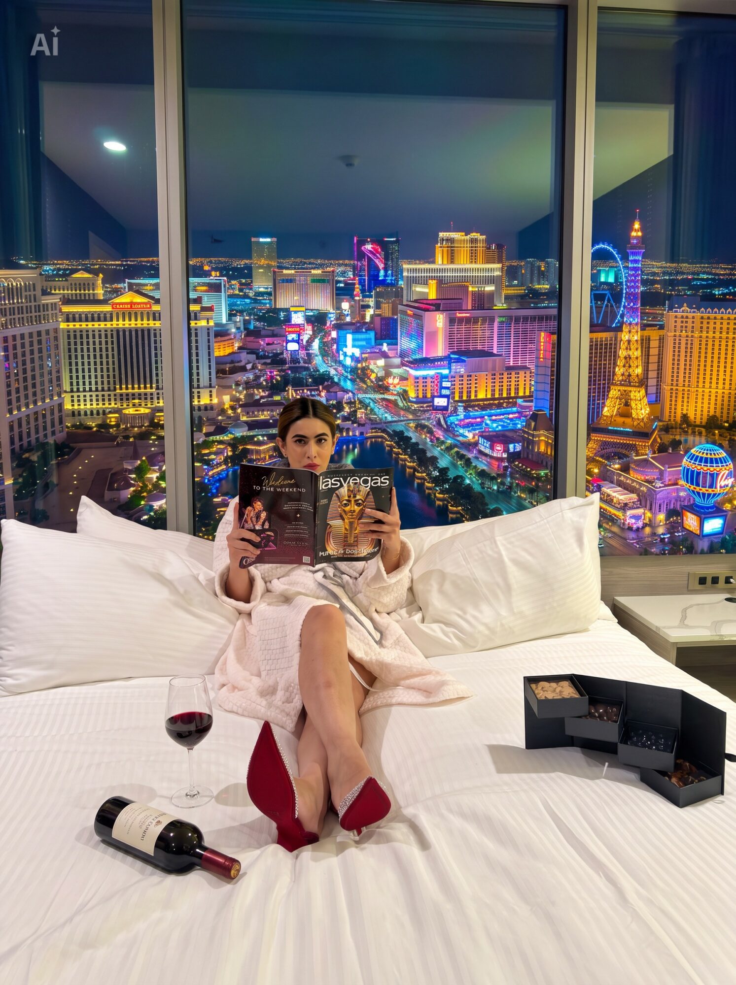 Person sitting on a bed with a city skyline view at night, holding a phone, with a wine bottle and glass nearby.