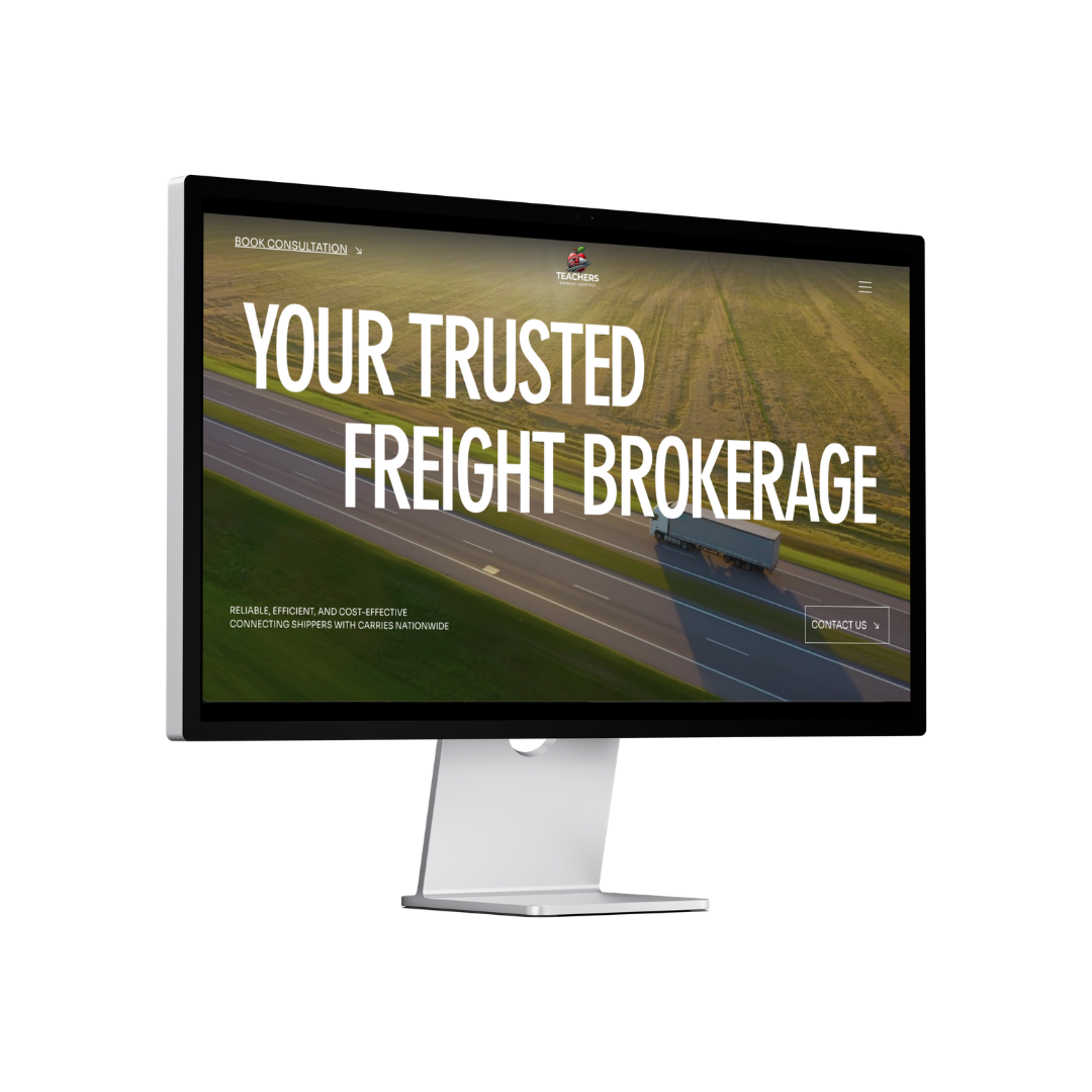 Computer monitor displaying a presentation titled 'Your Trusted Freight Brokerage' with a road and truck background.