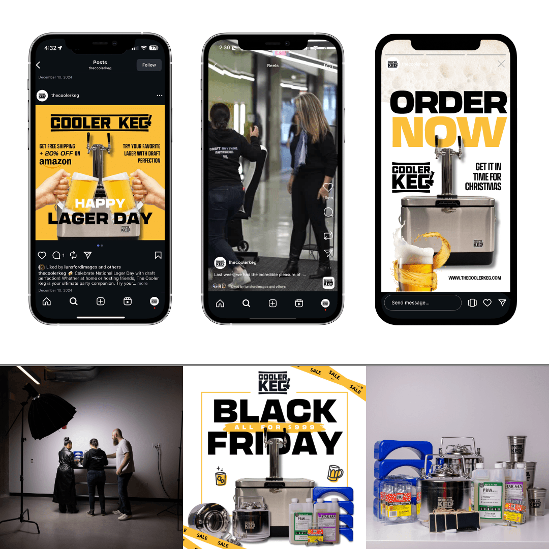 Three smartphones displaying ads for Cooler Keg, with people in a store and a Black Friday promotion, and a group of people in a room.
