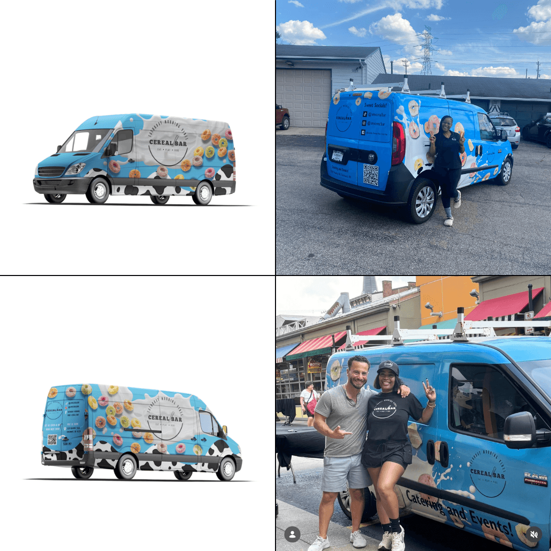Two images of a blue ice cream truck, one as a digital illustration and one as a photo with people, both showing the truck's side view.