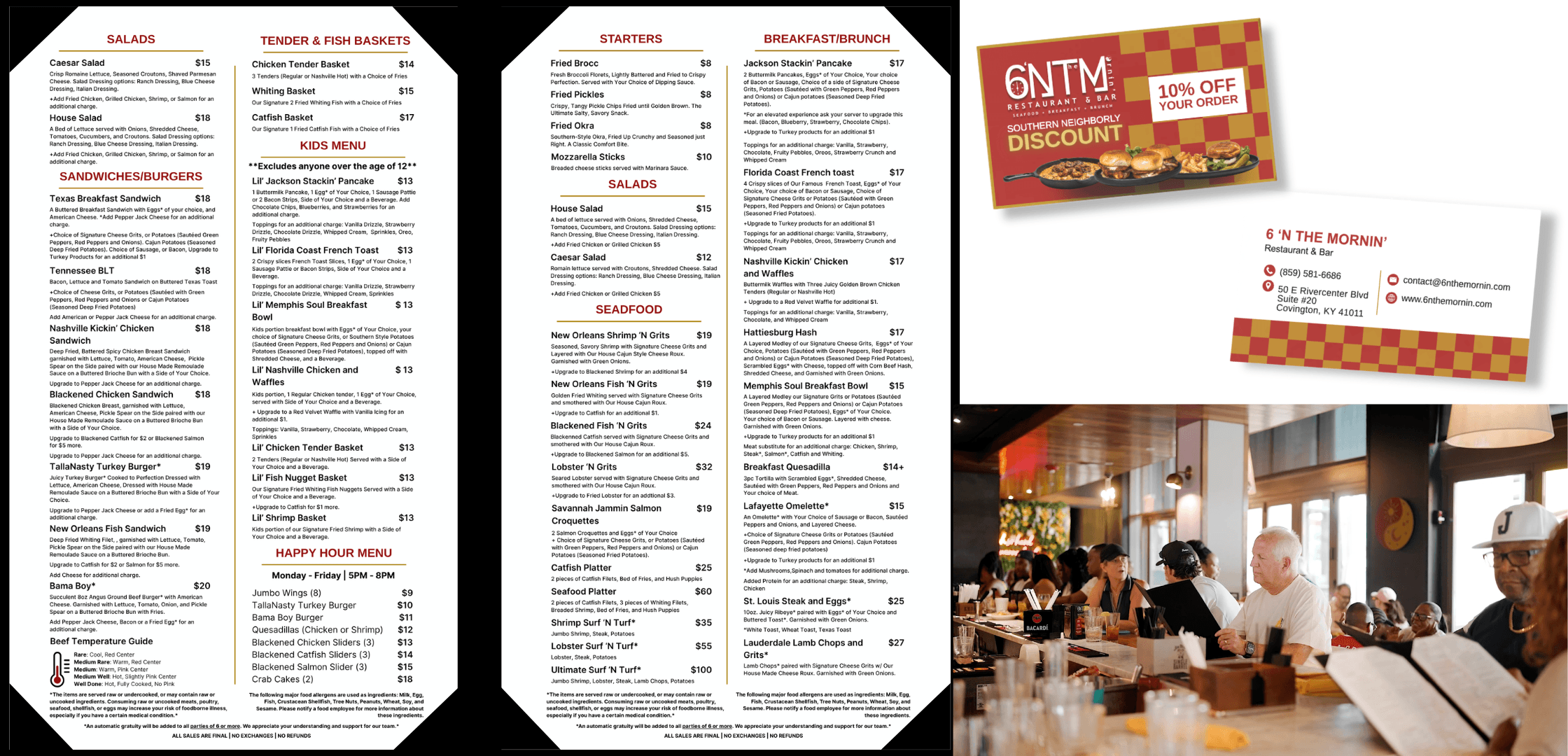 Two menus, a discount coupon, and a business card on a table with people dining in the background.