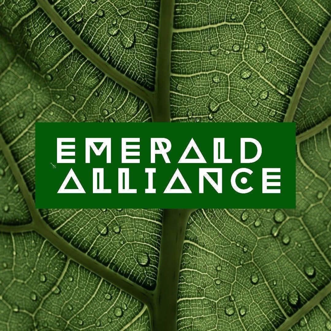 Close-up of green leaves with water droplets and text 'Emerald Alliance' on a green background.