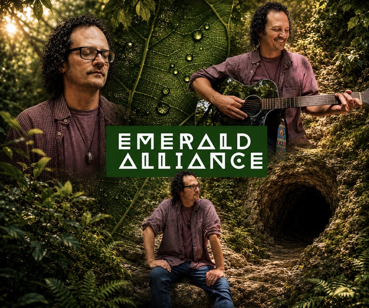 Three images of a man with curly hair and glasses in a forest, one with a guitar, one sitting, and one close-up, with a green logo reading 'Emerald Alliance' in the center.