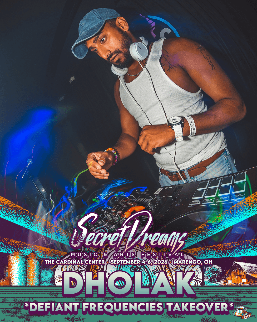 DJ wearing a cap, tank top, headphones, and wristwatch, operating DJ equipment at a nightclub with colorful lights.