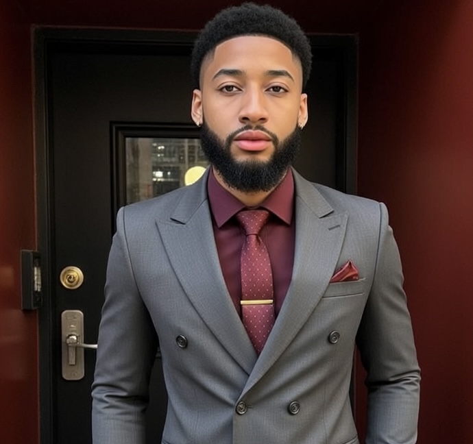 Young man in a gray suit with a maroon shirt and tie, standing in front of a door, looking at the camera.