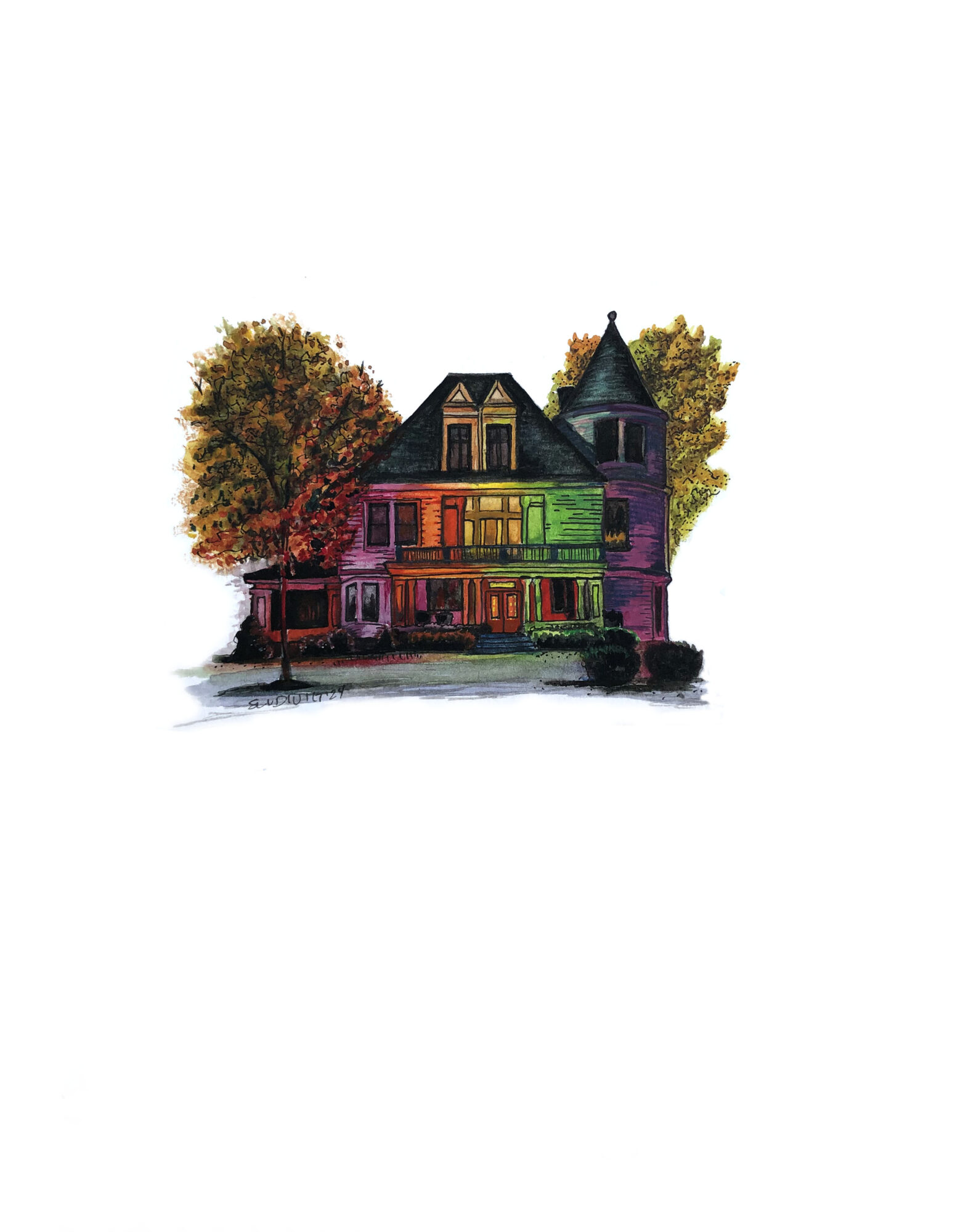 Colorful house with trees behind, painted in rainbow colors, on a white background.