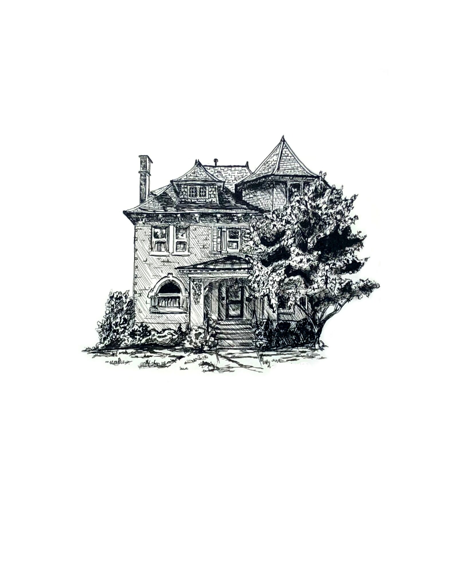 Detailed sketch of a large, multi-story house with a turret, trees, and a front porch, in black and white.