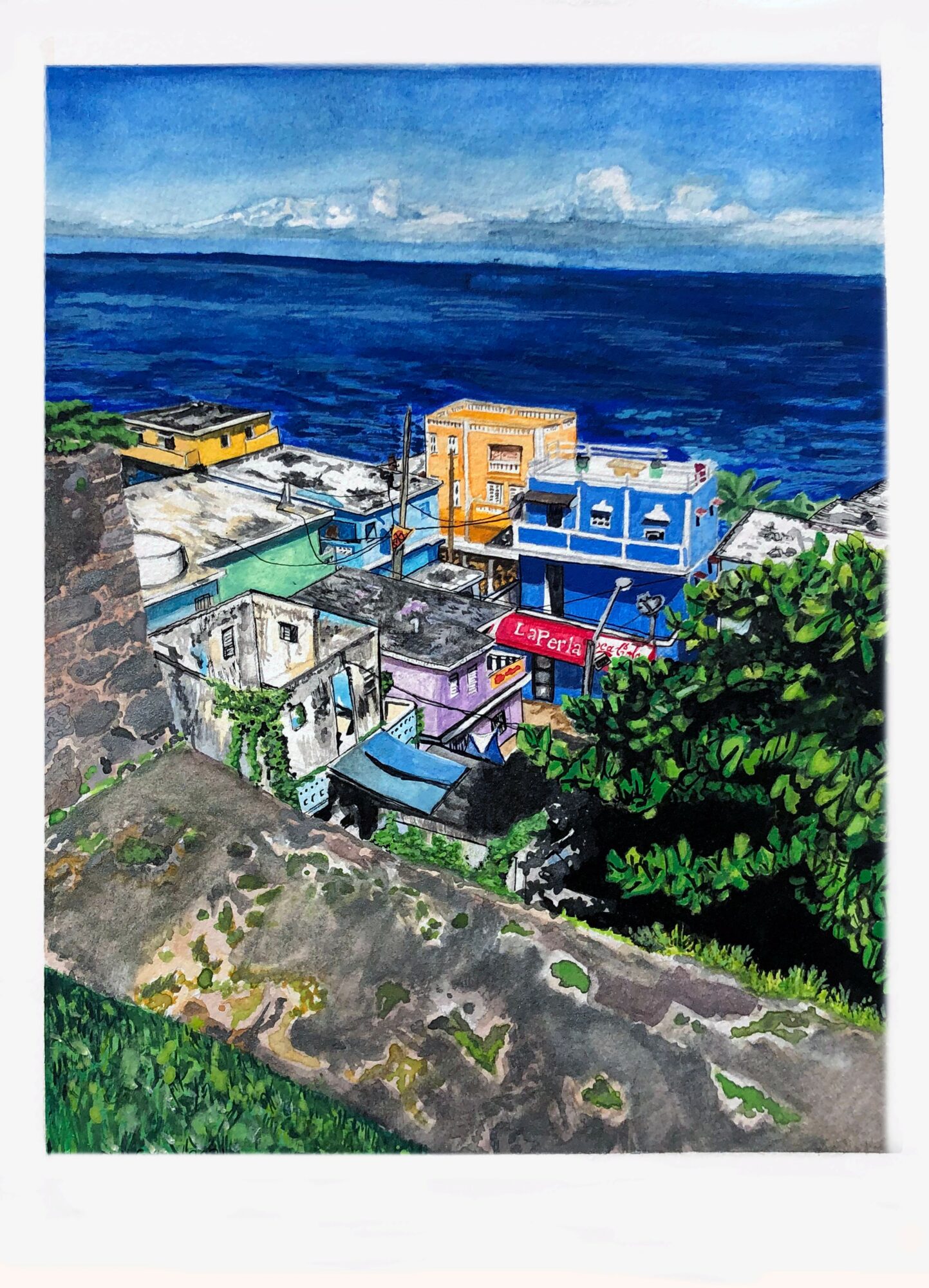Colorful buildings on a hillside overlooking the ocean with a blue sky and clouds, greenery in the foreground.