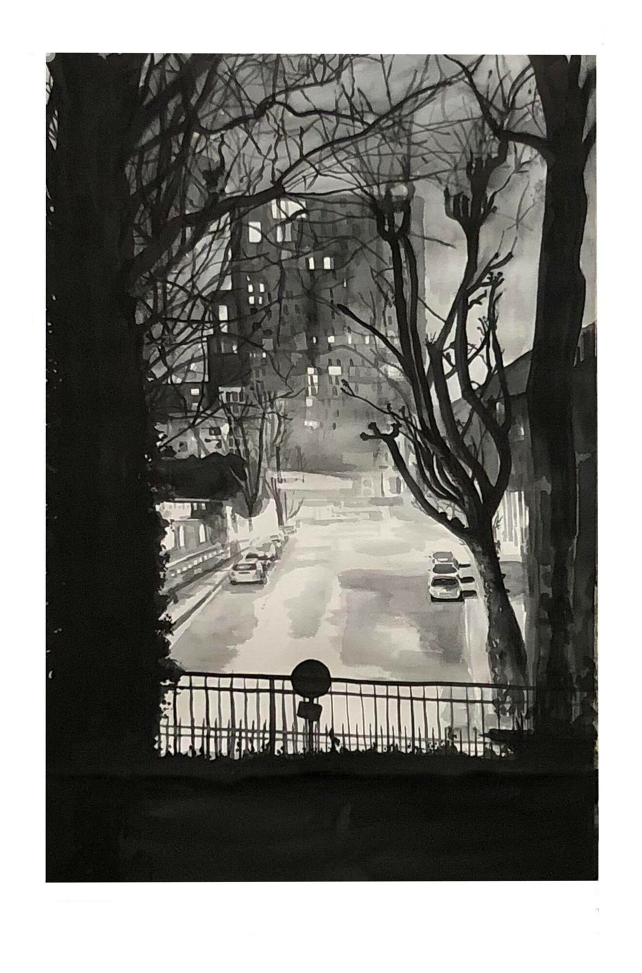 View of a city street through a window with trees and buildings in the background, black and white, rainy scene.