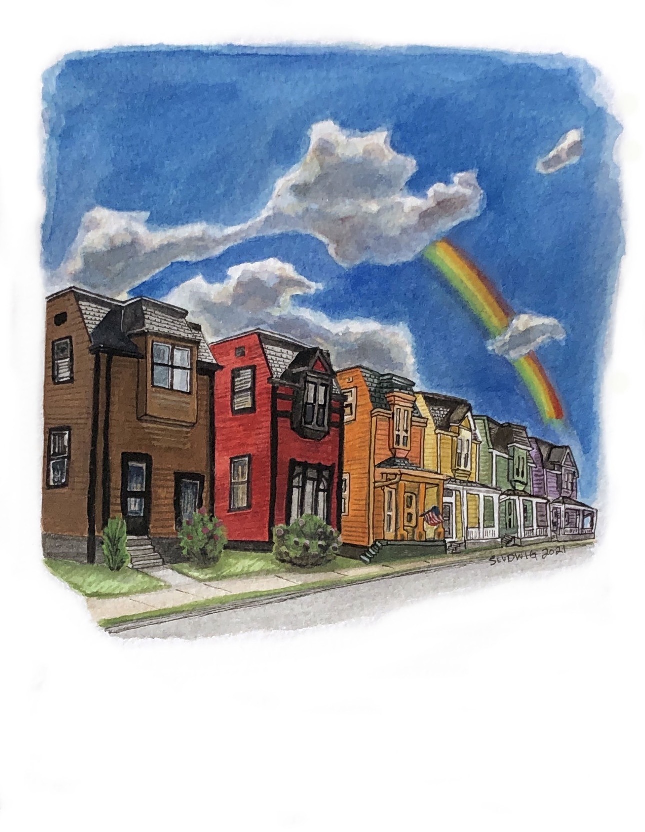 Colorful row of houses under a blue sky with clouds and a rainbow, painted in watercolor style.