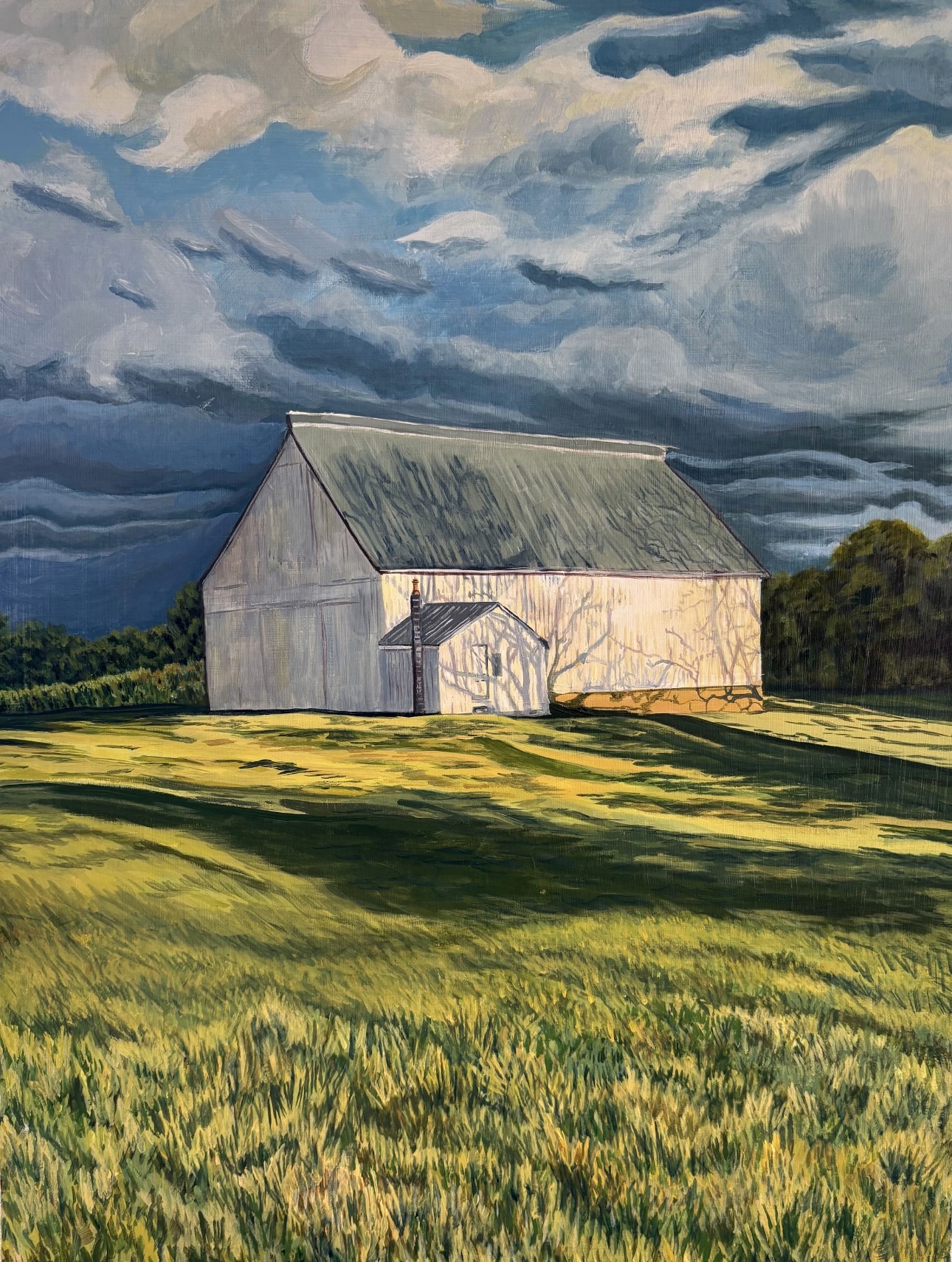 Barn with a green roof in a field under a cloudy sky, trees in the background, bright sunlight, painted in a realistic style.