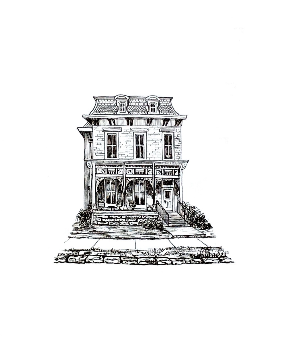 Detailed black and white drawing of a three-story Victorian-style house with a front porch, steps, and surrounding plants.