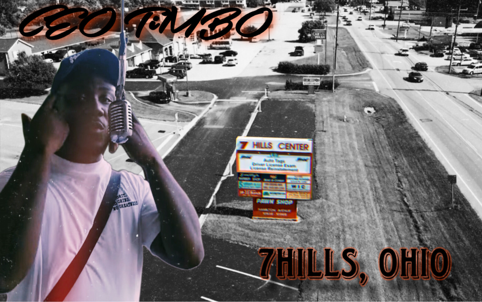 Person with a microphone and headphones in front of a parking lot and road, with text '600 Tambo' and '7 Hills, Ohio'.