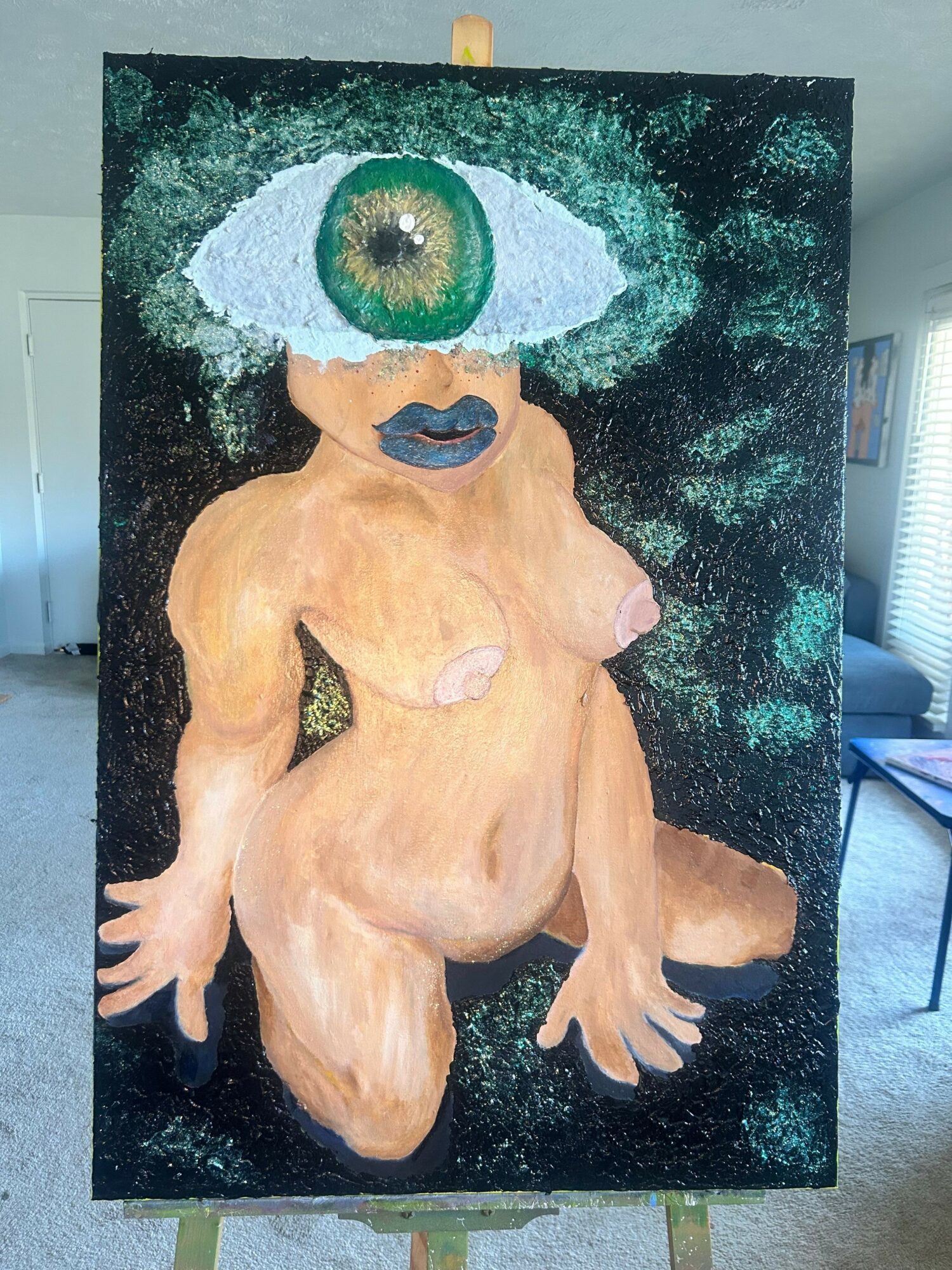 Painting of a humanoid figure with a large eye on its face, set against a textured green background.