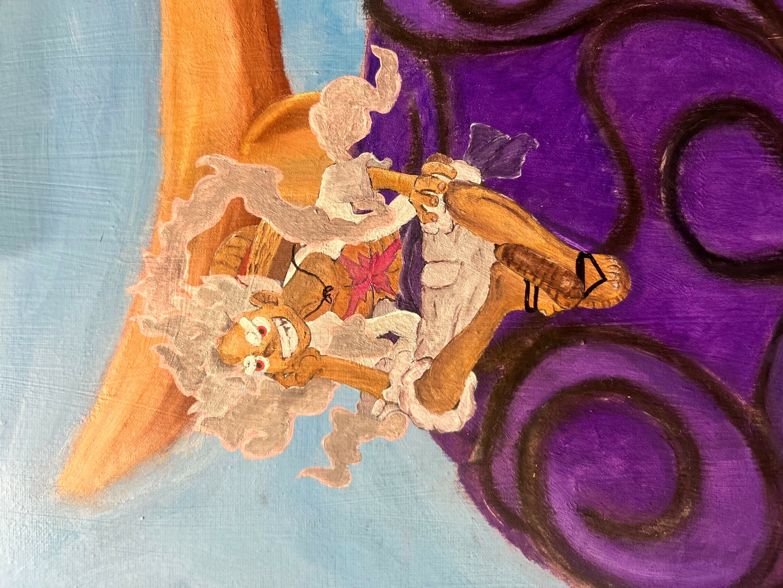 Two mermaids with long hair and fish tails sit on a rock, holding a shell, with purple and orange background.