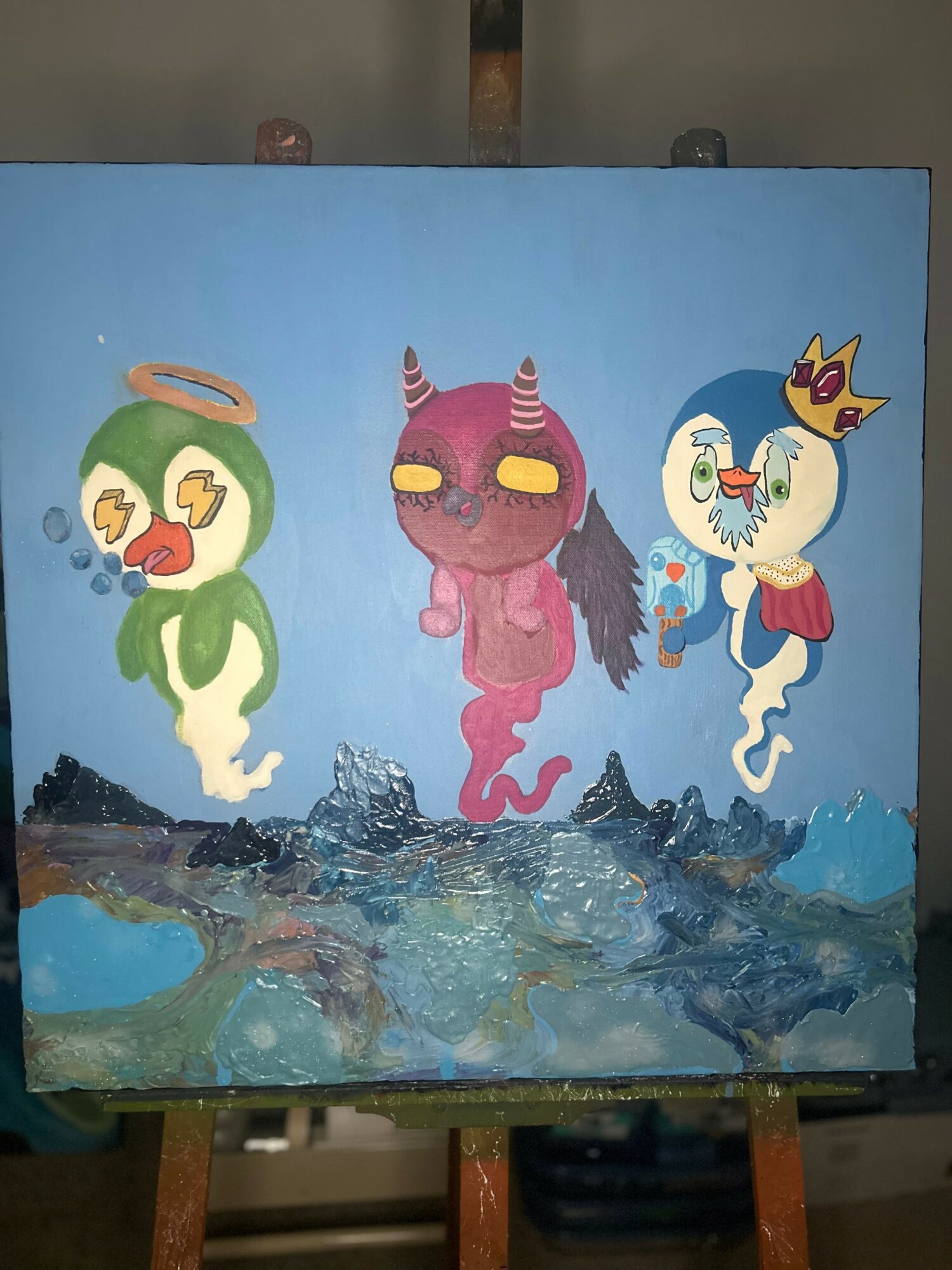 Three cartoon characters with colorful designs and accessories stand against a blue background, with a textured ground below them.