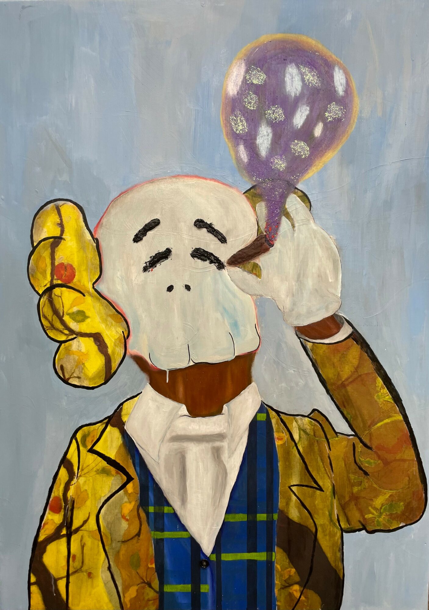 A cartoon character with a skull face, yellow gloves, and a yellow jacket, holding a purple balloon, against a blue background.
