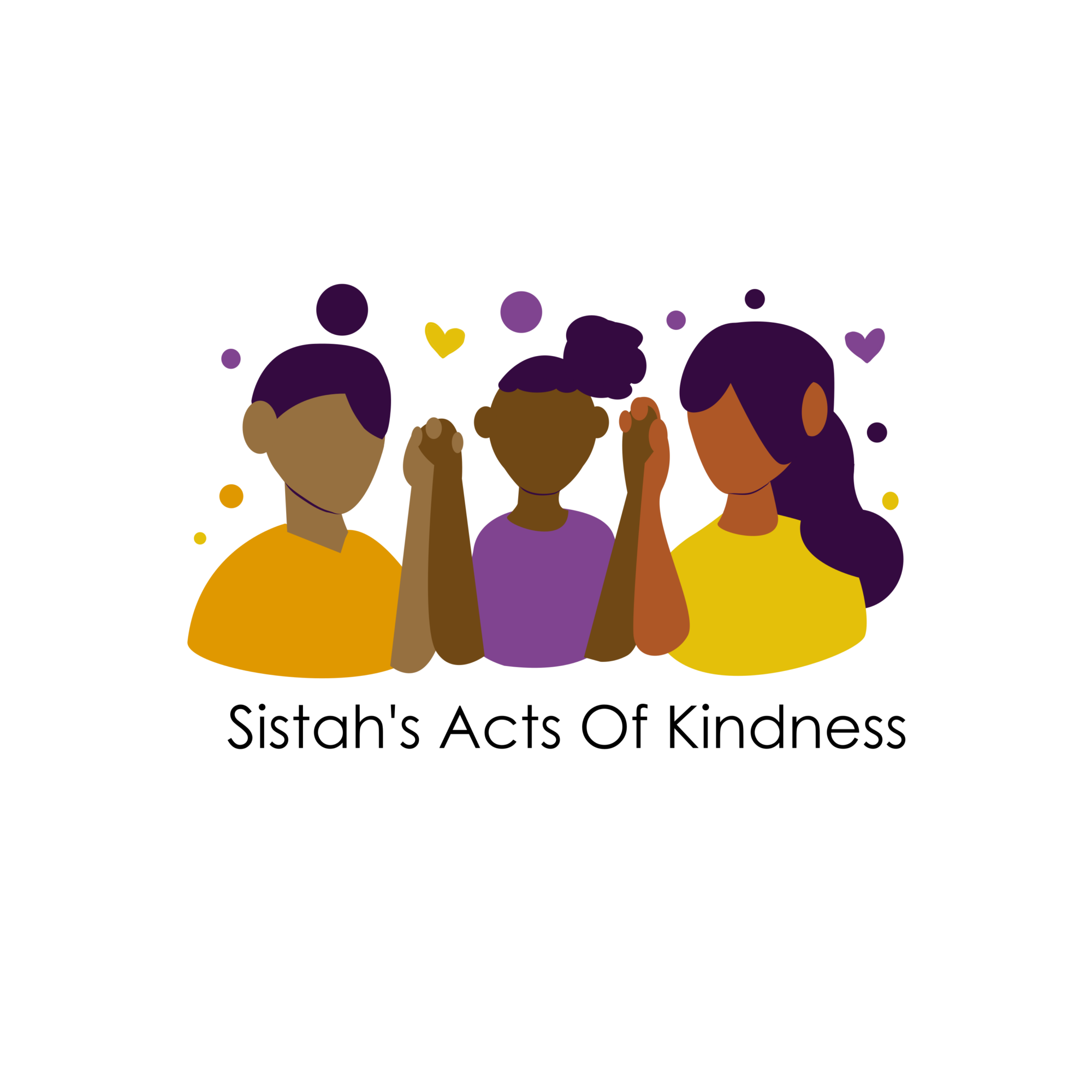 Three diverse women with purple and yellow clothing, raising fists, surrounded by purple and yellow hearts and dots.