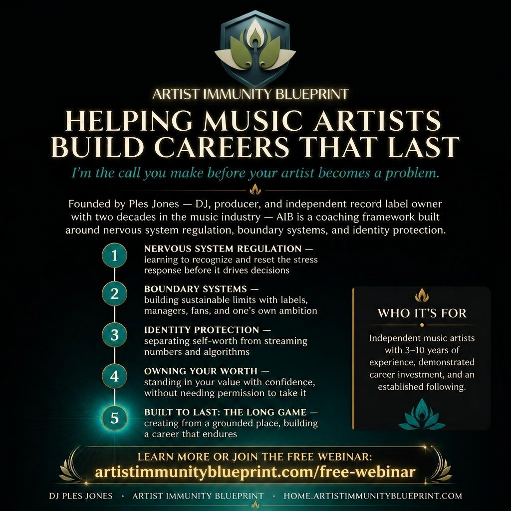 Poster with logo and text about helping music artists build careers, listing five system solutions and a webinar link.